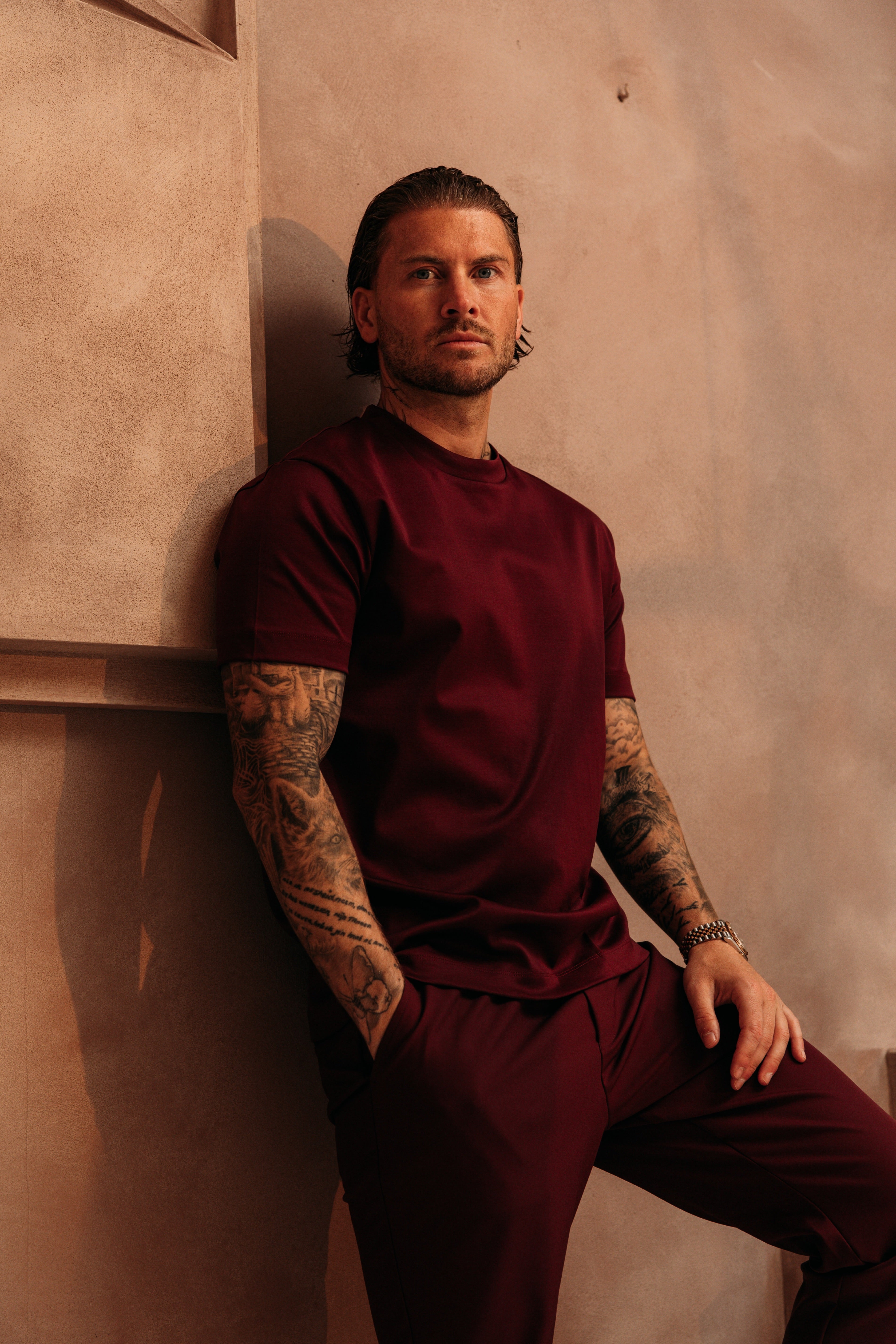 Heren - Double Mercerized T-shirt - Burgundy