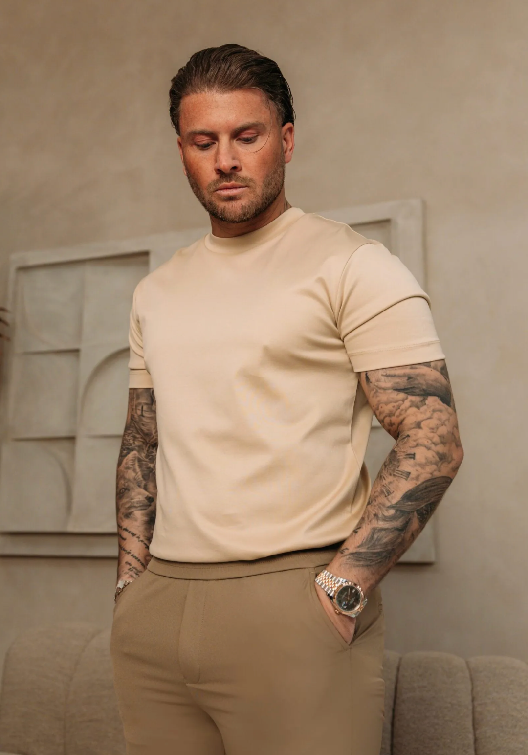 Heren - Double Mercerized T-shirt - Beige
